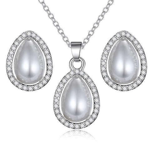 Classic Halo Setting Teardrop Pearl Earrings and Necklace Set (3 Available Colors)