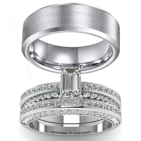 Pavé Emerald Cut CZ Brushed Stainless Steel Ring 3pcs Set