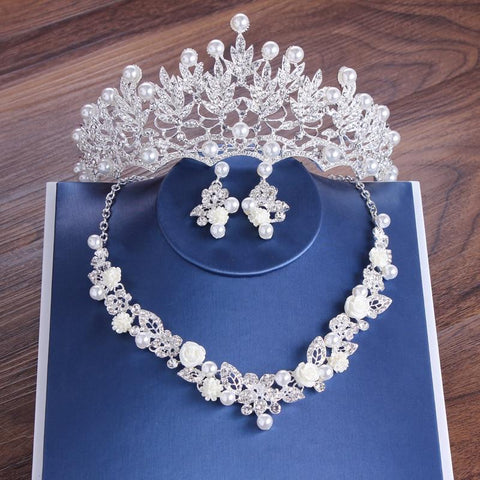 Pearl Crystal Verdure Goddess Stainless Tiara Set