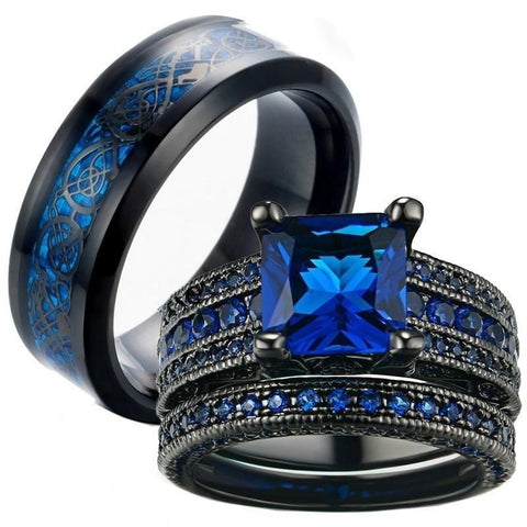 CZ Princess Cut Blue Black Celtic Knot Tungsten Ring 3pcs Set
