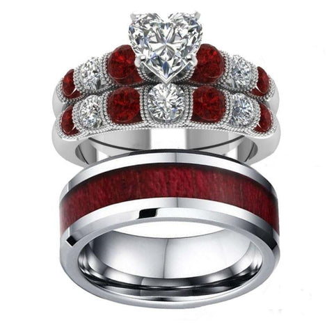 White & Ruby CZ Channel Set Wood Inlay Stainless Steel Ring 3pcs Set