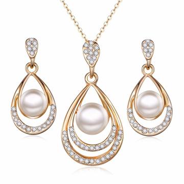 Studded Gold Plated Stainless Steel Pearl 2PC Jewelry Set (3 Available Designs)