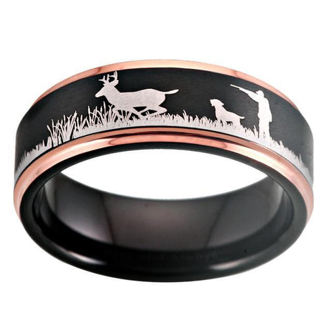 Laser Engraved Deer Hunting Black & Rose Gold Tungsten Band