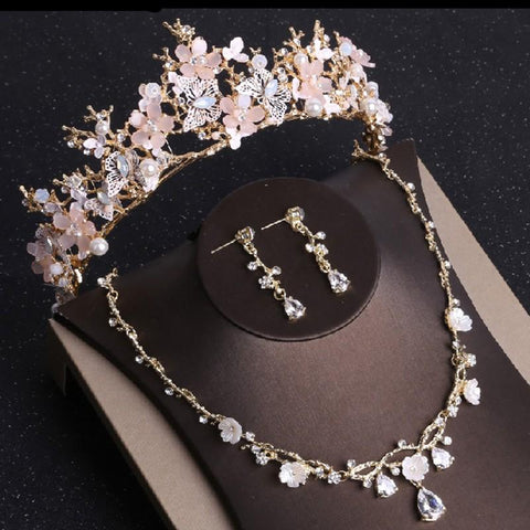316L Stainless Rose Gold Flower Crystal Wire Tiara Set