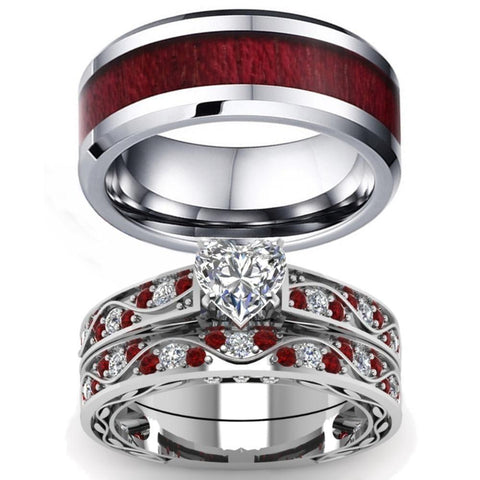 Sapphire Red & White Heart CZ Koa Wood Tungsten Ring 3pcs Set