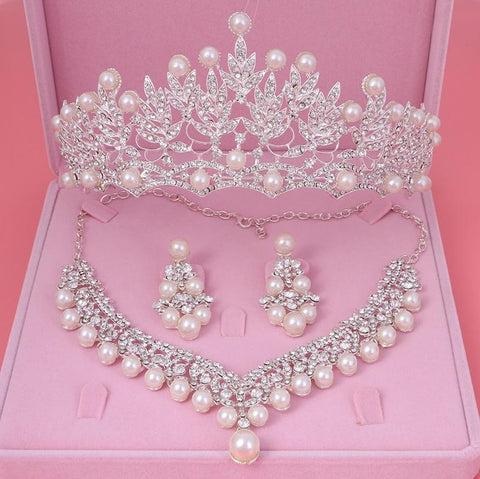 Pink Pearl Crystals Stainless Tiara Set