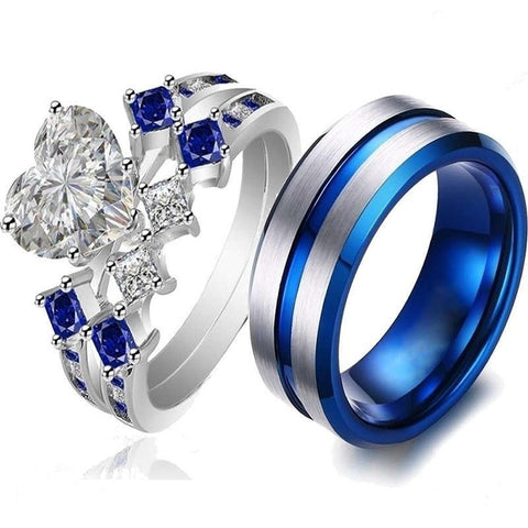 Blue & Silver Heart CZ Tungsten Carbide Ring 3pcs Set