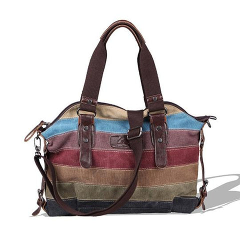 Multicoloured Stripes Canvas Bag with Leather Hand Strap