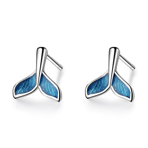 Silver-Plated Fish Tail Blue Enamel Stud Earrings