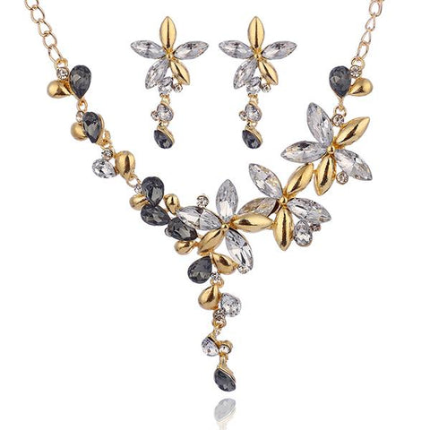 Gold Plated Two Tone Zirconia Floral 2PC Jewelry Set (4 Available Colors)