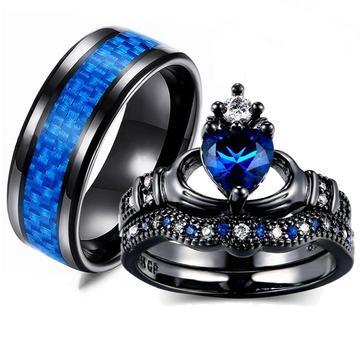 Black Plated Sapphire Blue Claddagh Tungsten Carbide Ring 3pcs Set