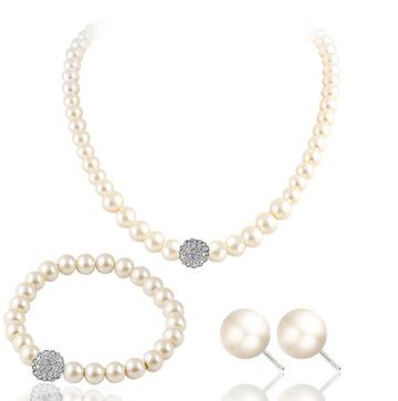 3PC Pearl Crystal Ball Stud Earrings Bracelet & Necklace Set