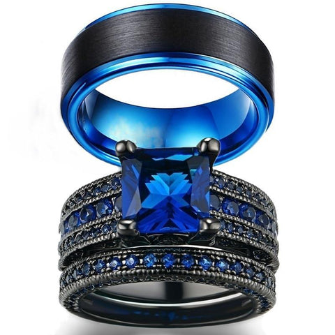 Princess-Cut Blue CZ Brushed Blue & Black Tungsten Carbide Ring 3pcs Set