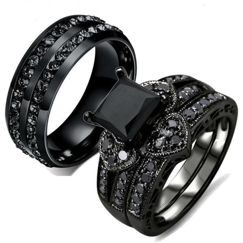 Filigree Black CZ Pavé Tungsten Carbide Ring 3pcs Set