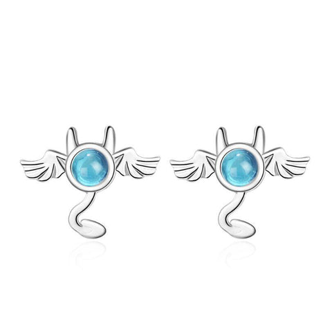 Adorable Flying Bat with Blue Crystal Stud Earrings