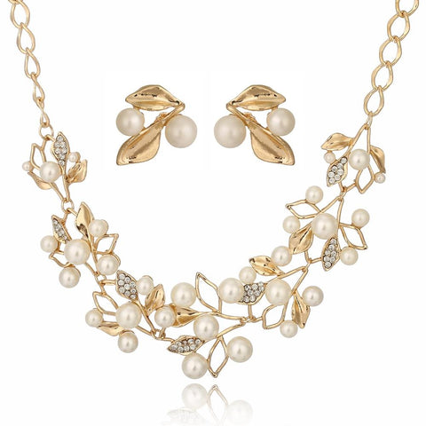 Roman Foliage Pearl Studded Stainless Earrings & Necklace Set (2 Available Colors)