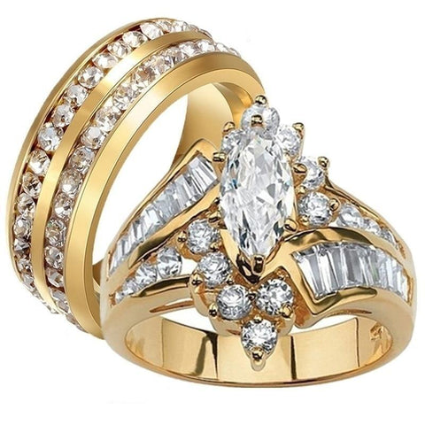 Marquise Cluster Gold Plated Tungsten Carbide Ring 3pcs Set