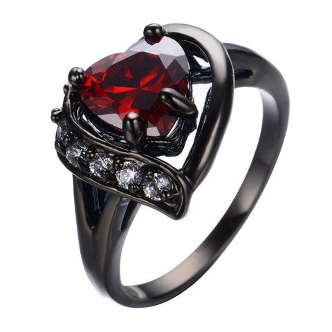 Heart-Shape Red Zirconia Black Plated Stainless Steel Ring