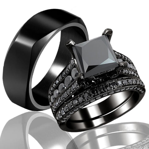 Four Pronged Square-Cut Black Zirconia Tungsten Carbide Ring 3pcs Set