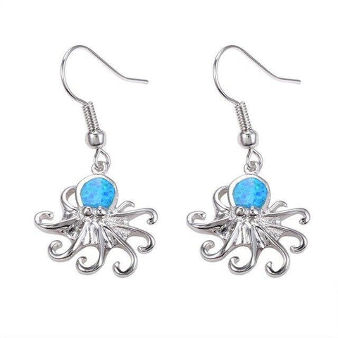 Sterling Silver Octopus Opal Enamel Fish Hook Earrings