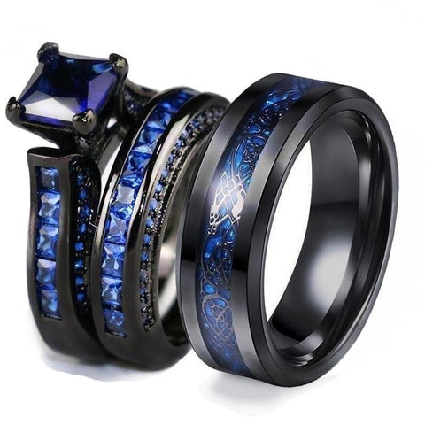 Channel Set Blue CZ Celtic Dragon Black Tungsten Carbide Ring 3pcs Set