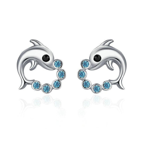 Circular Blue Zirconia Sterling Silver Dolphin Stud Earrings