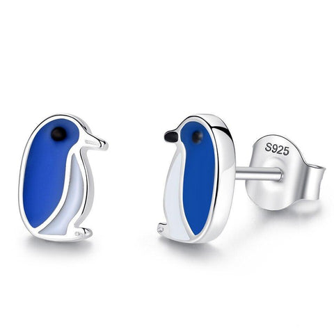 Blue Enamel 925 Sterling Silver Penguin Stud Earrings