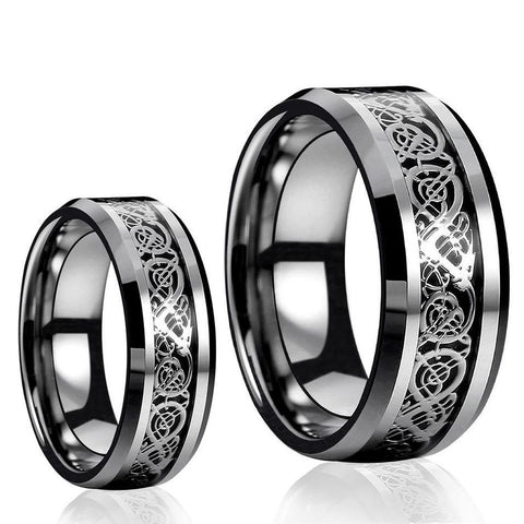 Black & Silver Celtic Dragon Knot Tungsten Carbide Rings Set
