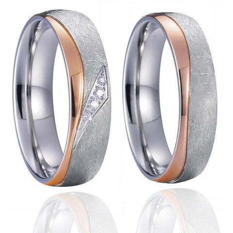 Silver & Rose Gold Scratched Titanium Ring Set