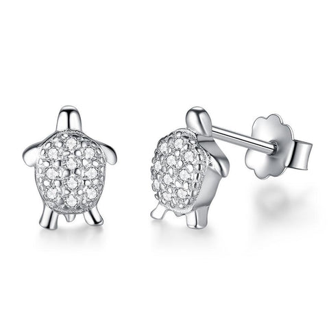 Sterling Silver Zirconia Paved Shell Turtle Stud Earrings