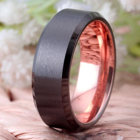 Brushed Beveled Edge Rose Gold Tungsten Carbide Ring