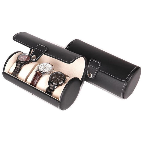 Three Compartment Cylindrical PU Leather Travel Watch Box (2 Available Color)