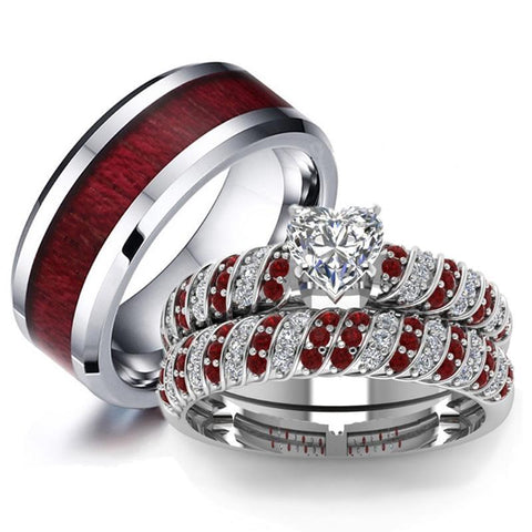 Red & White Zirconia Pavé Wooded Tungsten Carbide Ring 3pcs Set