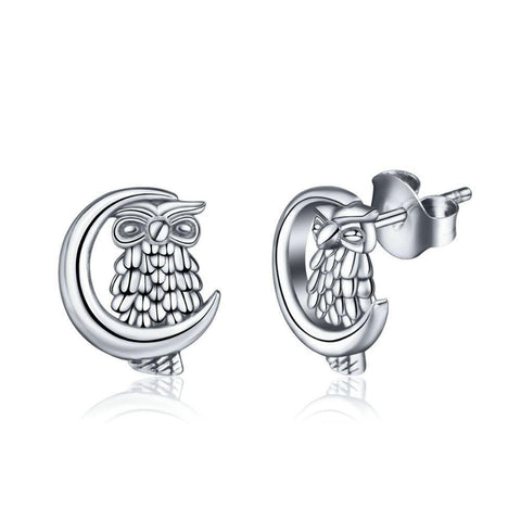 Sterling Silver Moon & Owl Stud Earrings