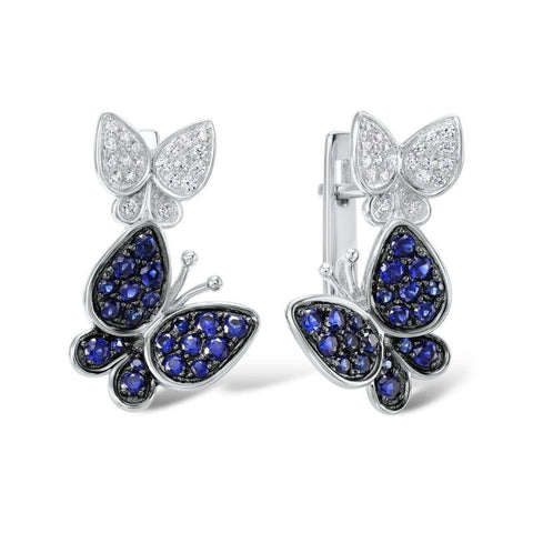 White and Blue Twin Butterfly Rhodium Plated Stud Earrings