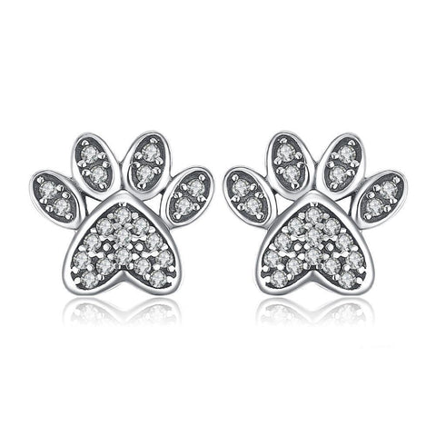 Zirconia Paved Dog Paw Sterling Silver Stud Earrings