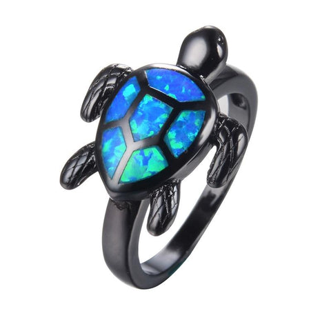 Blue Opal Resin Turtle Shell Black Gold Filled Ring