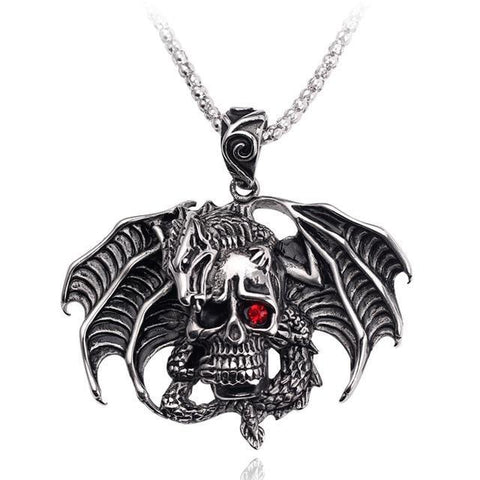 Silver-Plated Skull Winged Dragon Necklace