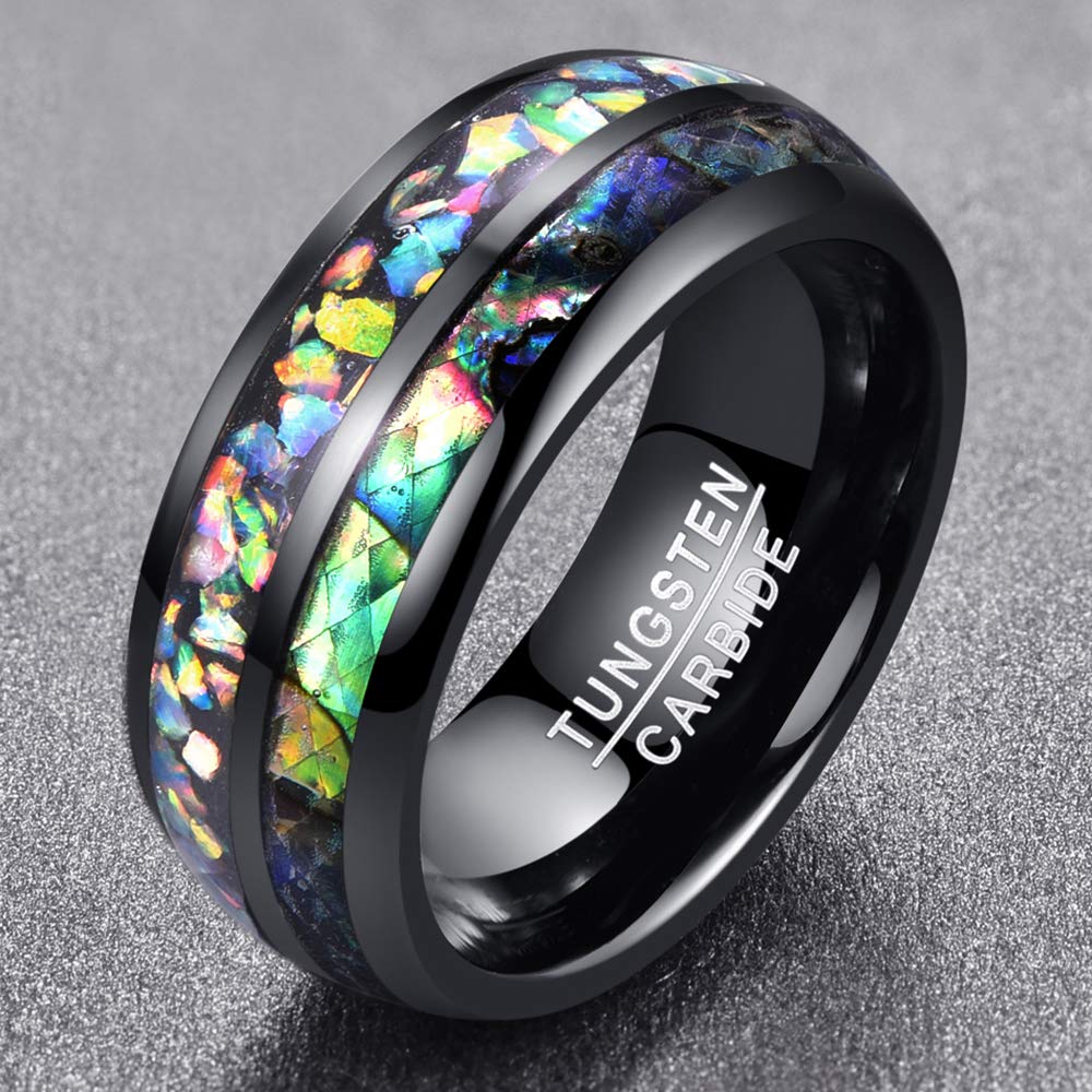 Black Tungsten Carbide with Opal Inlay Wedding Ring