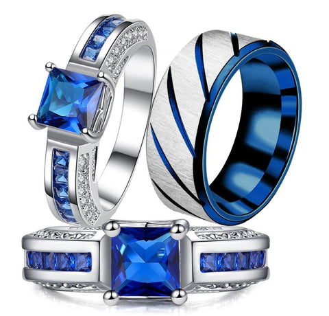 Channel Set Blue & White CZ Brushed Silver Tungsten Carbide Rings 3pcs Set