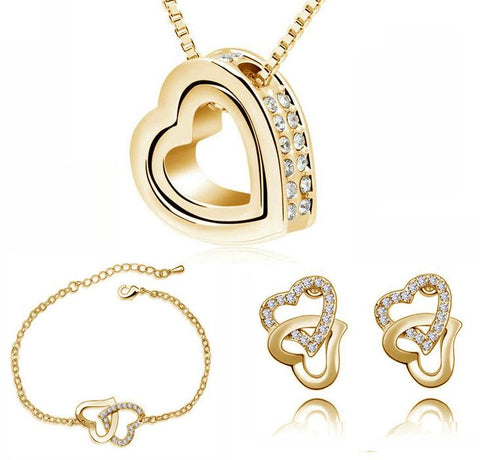 3PC Double Heart CZ Earring & Necklace Set (8 Available Colors)