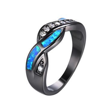 Interlaced Blue Opal Resin White CZ Inlay Black Gold Filled Ring