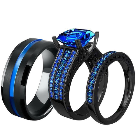 Sapphire Blue CZ Black Tungsten Carbide Ring 3pcs Set