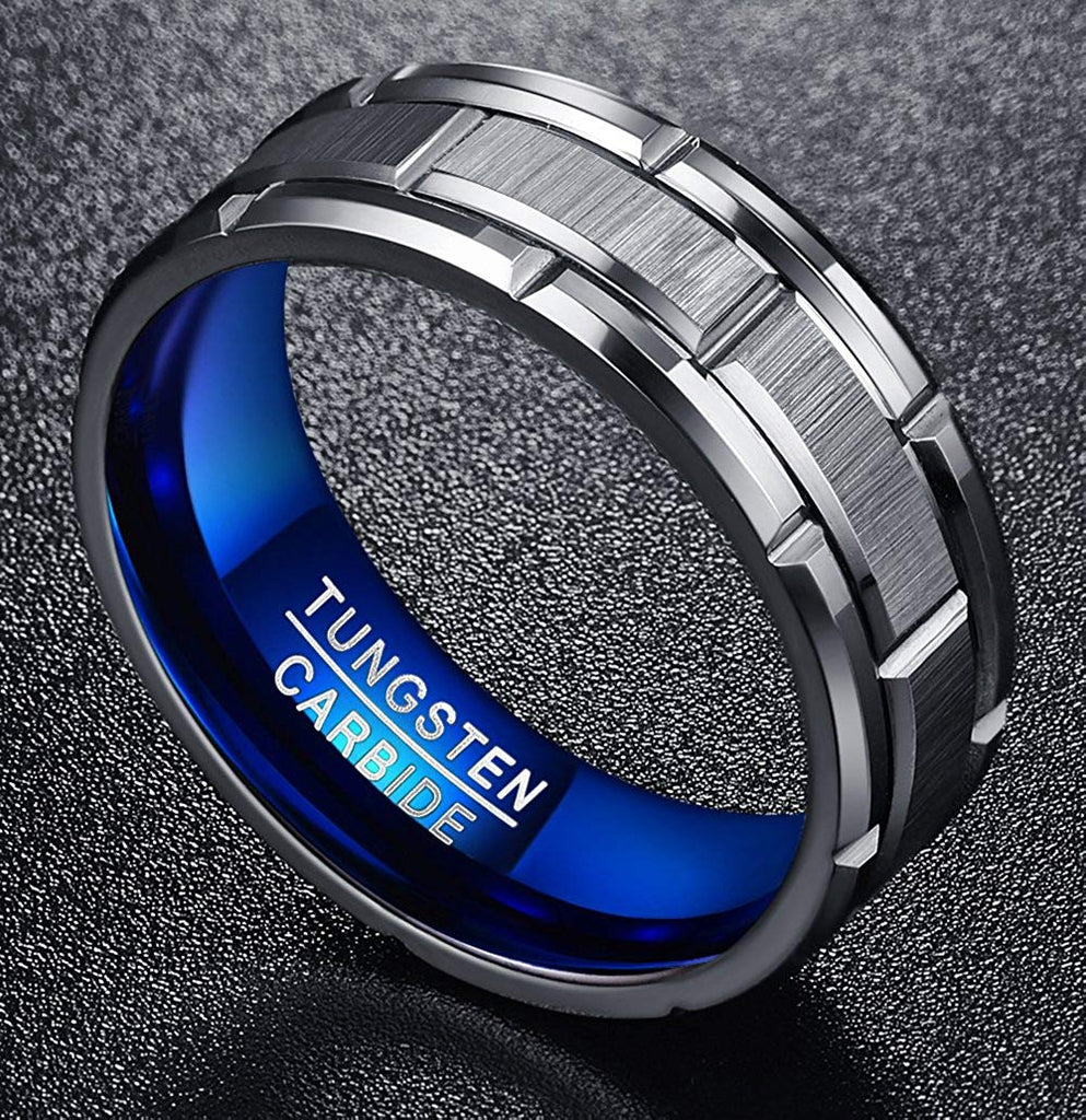 8mm Brick Brushed Pattern Tungsten carbide with Blue Color Wedding Ring