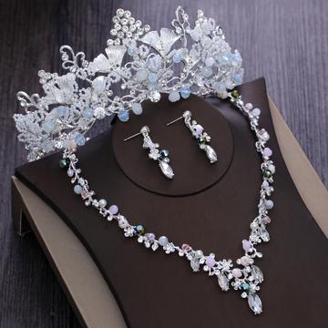 High Crown Floral Bead Zirconia Stainless Tiara Set