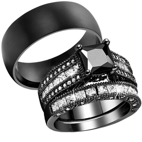 Square-Cut Black & White CZ Tungsten Carbide Rings 3pcs Set