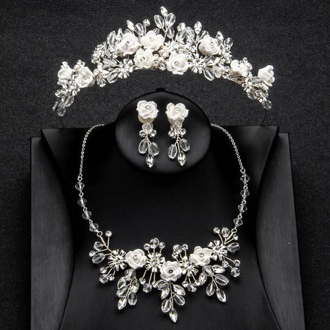 White Rose Crystal Stainless Princess Tiara Set