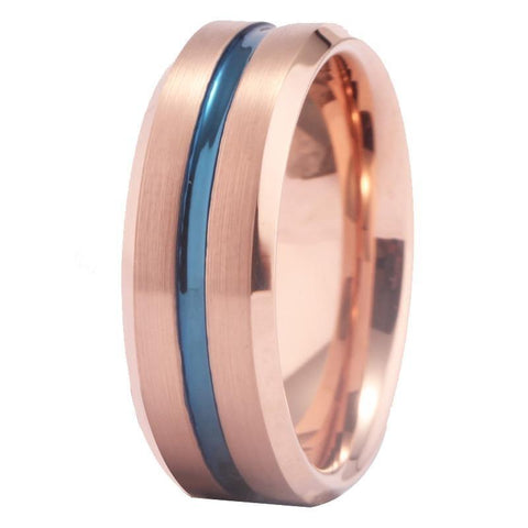 Metallic Blue Grooved Rose Gold Tungsten Carbide Ring