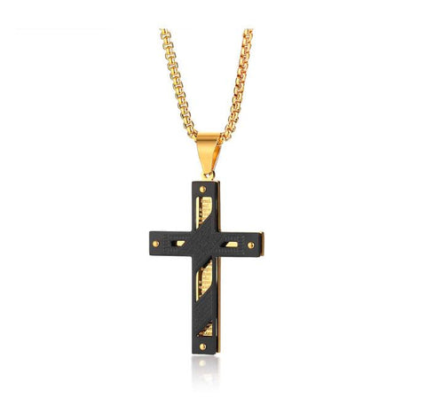 IP Plated Black & Gold Cross Pendant Long Chain Necklace