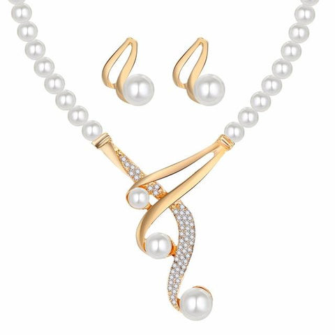 Studded Gold Plated Coil Pearl Earrings & Necklace